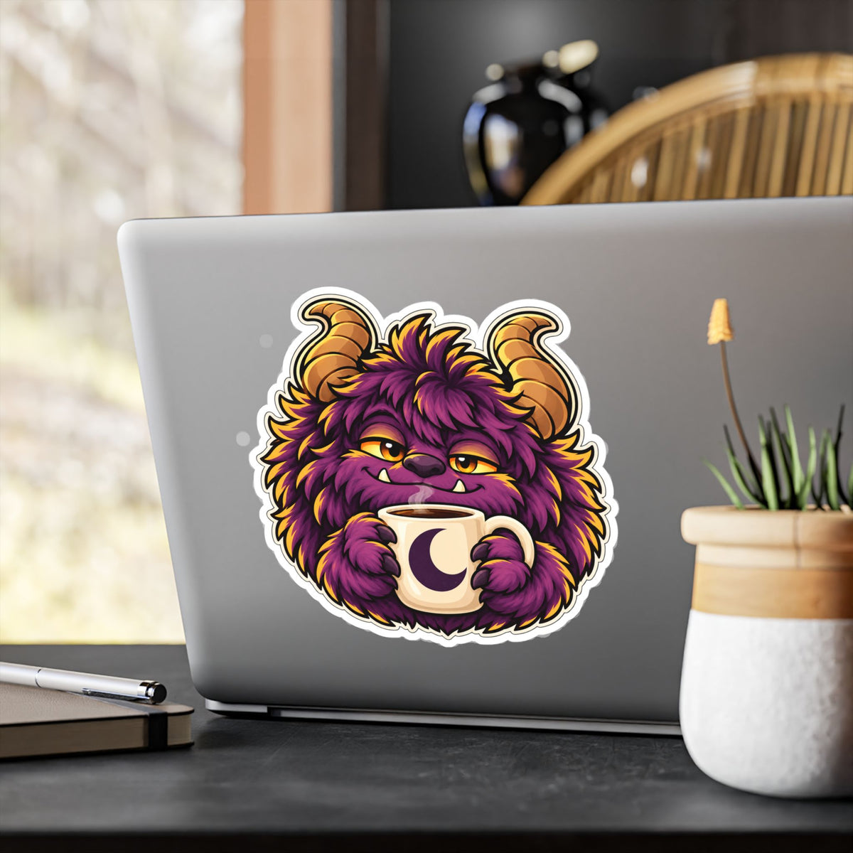 Cute Purple Monster Coffee Sticker — Kiss-Cut Vinyl Decal