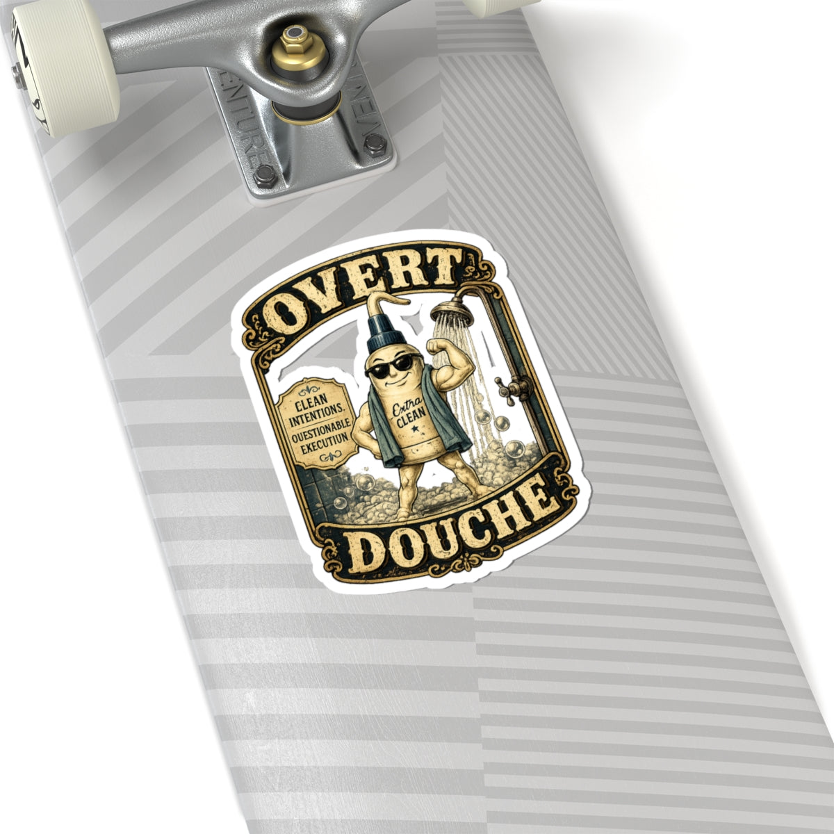 Kiss-Cut Sticker — “Overt Douche” Vintage Shower Gel Character Sticker (Funny Bathroom Humor)