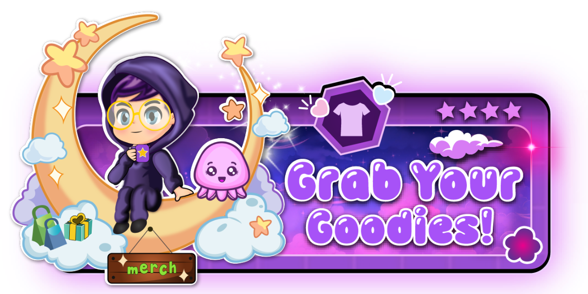 Promotional graphic with a character, text 'Grab Your Goodies!', and merchandise icons on a purple background